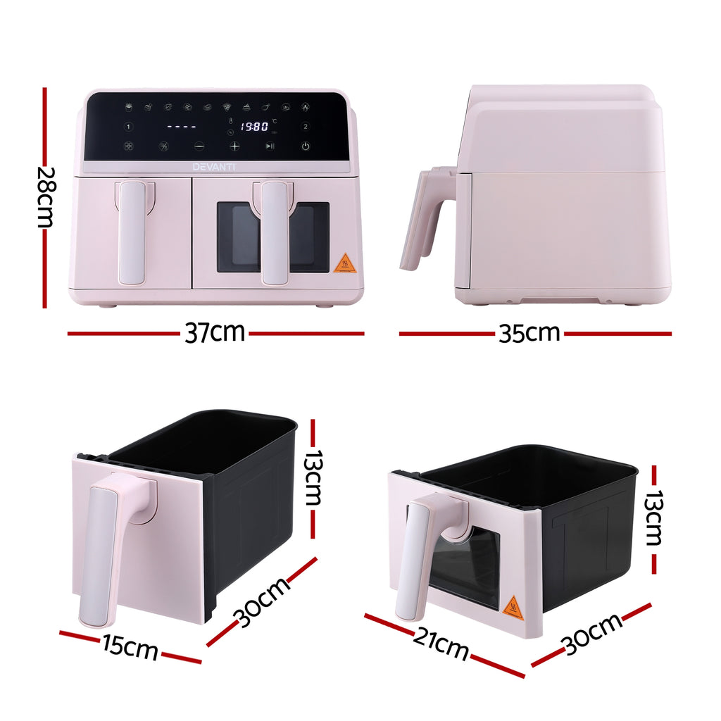 Devanti Air Fryer 9L Dual Zone Fryers 2600W Pink