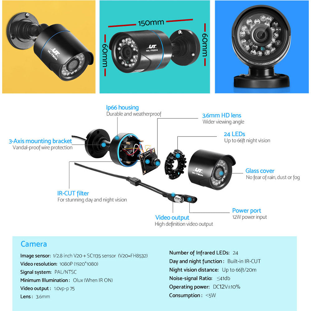 UL-TECH 1080P Security Camera System 4CH DVR with 4 CCTV Bullet Cameras