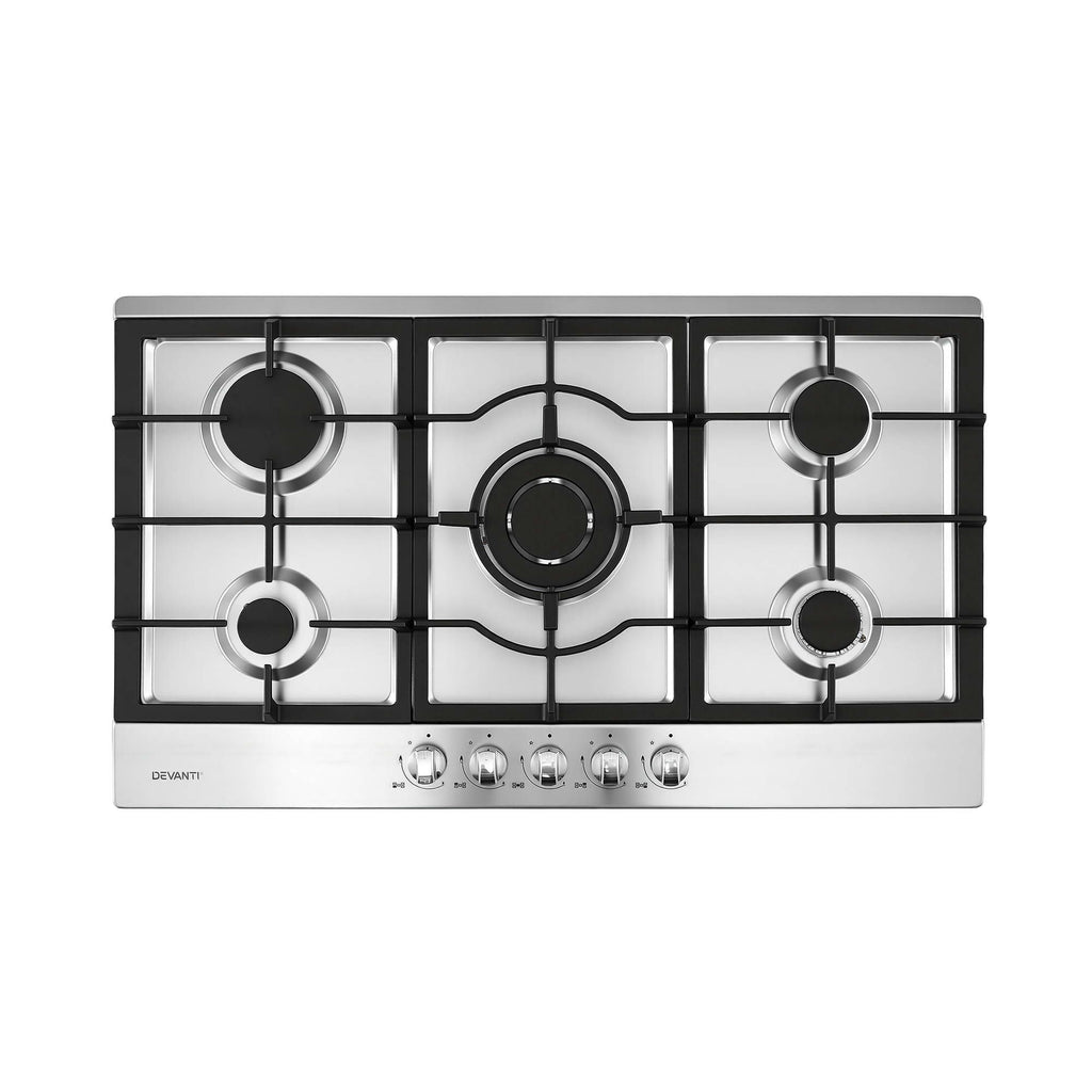Devanti 90cm Gas Cooktop 5 Burner LPG NG Stainless Steel Hob Silver