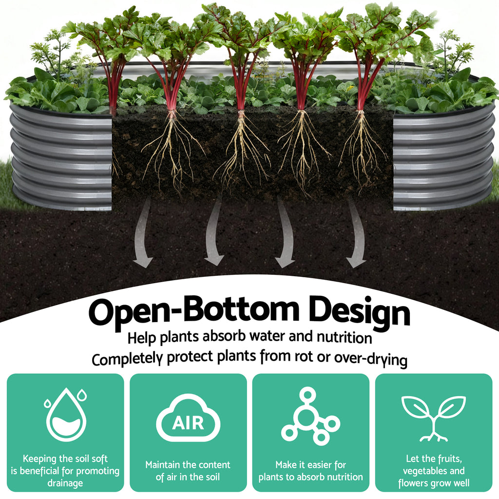 Green Fingers 3 Pcs Raised Garden Bed Kit Oval Galvanized Steel Planter Boxes 320x80x56cm, Heavy Duty Metal Elevated Garden Bed for Vegetables Flowers Herbs, with Safety Edging, Gloves & Pegs Included