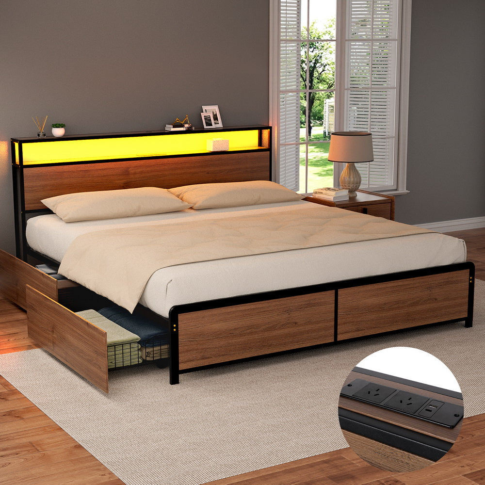 Artiss Metal Bed Frame King Size with 2-Tier Storage Headboard Metal Platform with 4 Storage Drawers Built in Charging Station & LED Noise-Free/Metal Support/No Box Spring Needed Vintage Brown