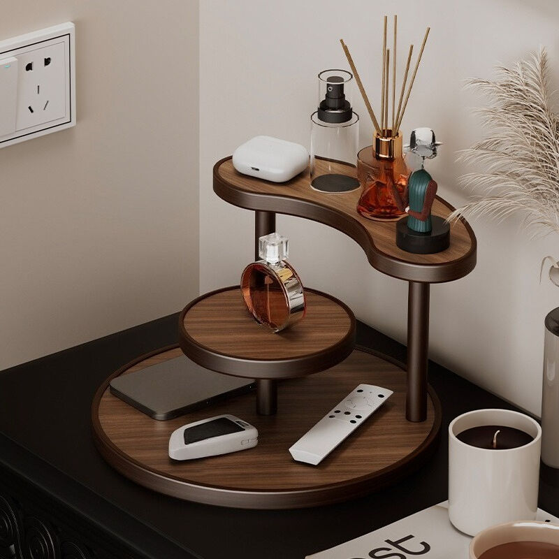 Three-tier Rotating Cosmetic Organizer, Wooden Bathroom Vanity Storage Rack, Suitable for Skincare Products, Perfumes, and Cosmetics — A Space-Saving Countertop Display Stand. Perfect for Placing on Coffee Tables, Office Desks,  （Walnut-colored acrylic v