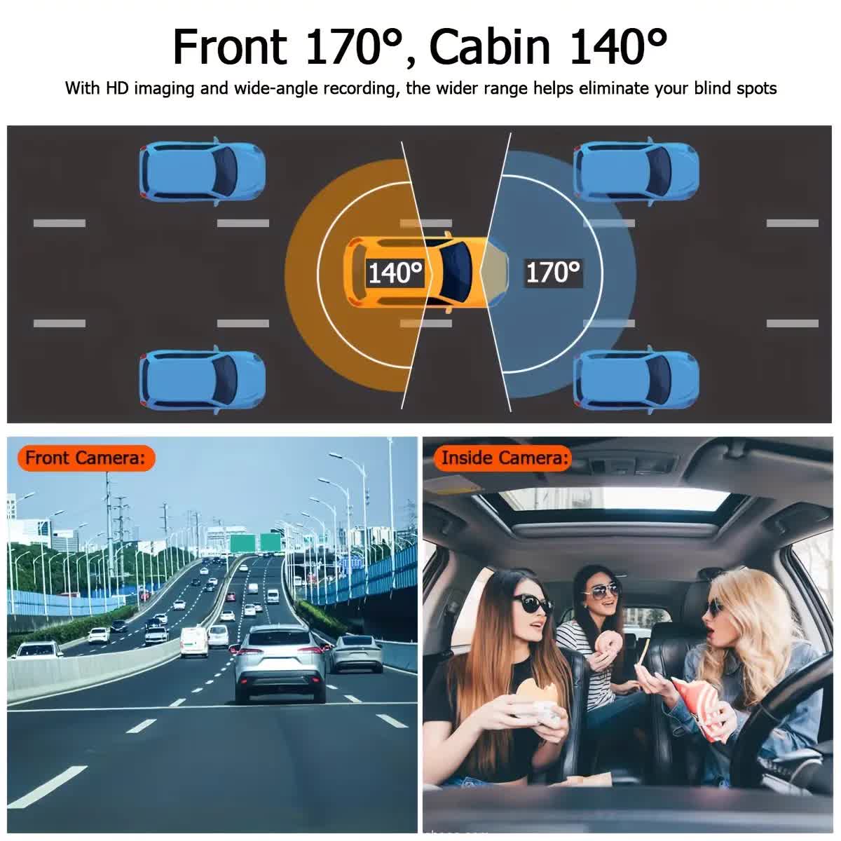 Car recorder with dual recording function | Front and rear cameras | Front camera 1080P & Internal camera 720P, 170° wide-angle, night vision function, small car recorder, suitable for cars, 24-hour parking monitoring, loop recording, gravity sensor, does