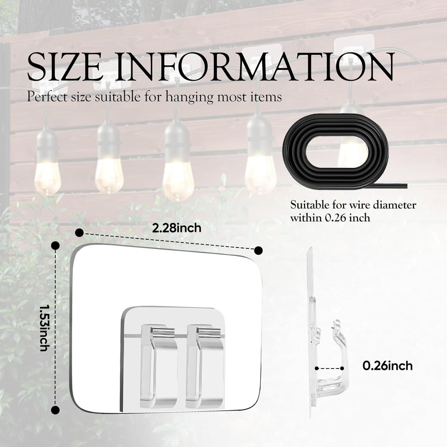100PCS Heavy Duty Clear Adhesive Hooks for Outdoor String Lights, Cable Management Clips, Waterproof & UV-Resistant Wire Organizer for Holiday Decor (Transparent)
