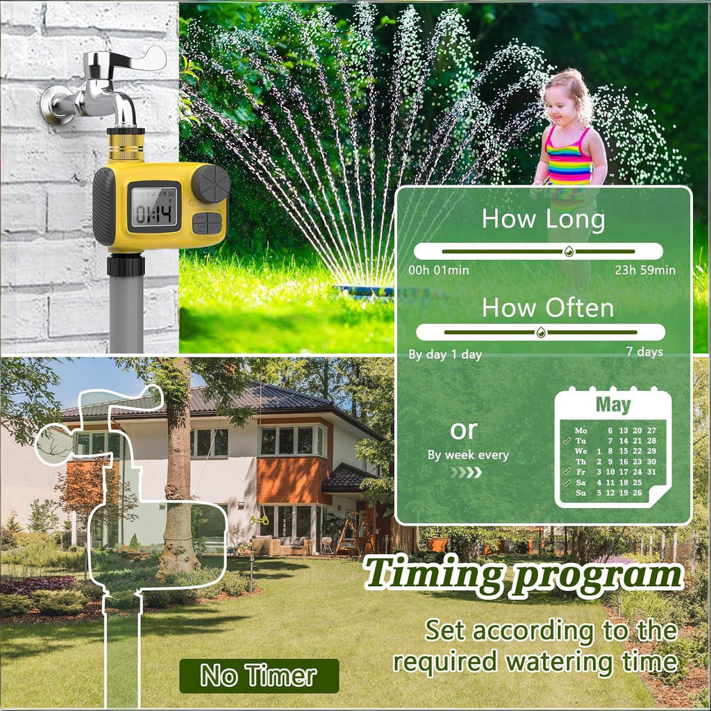 Smart Outdoor Watering Timer with Rain Delay & Manual Mode – Automatic Garden Irrigation Controller for Lawn, Patio, Pool and Vegetable Garden (Yellow)
