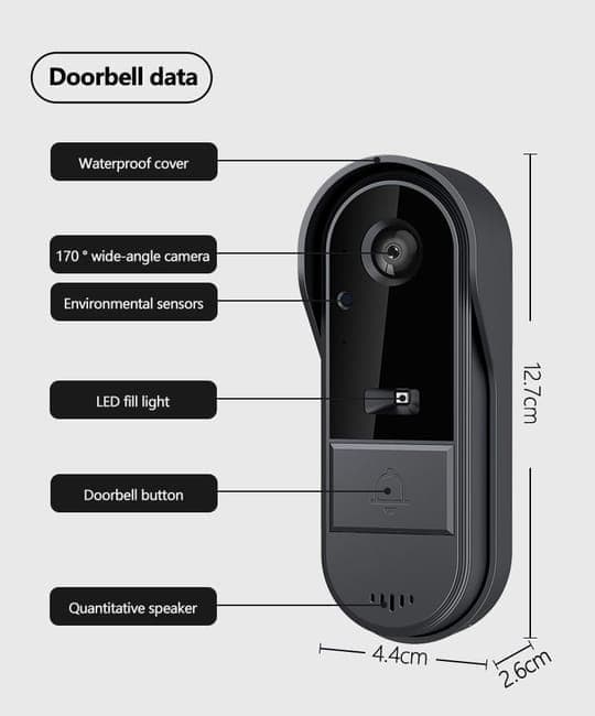 Smart Wireless Video Doorbell with Camera HD Resolution Two-Way Communication Infrared Night Vision Cloud Storage, Black, Compatible with Alexa and Google Home