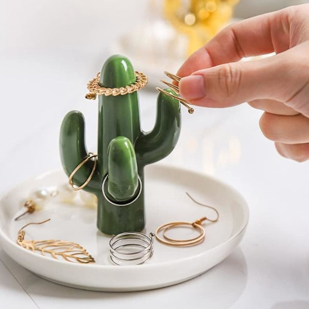 Two-Piece Jewelry Display Set - Aloe Vera and Cactus Ring Organizer Set - Ceramic - Jewelry Organizer - Bracelet, Earring, and Necklace Organizer with Leaf Decorations - Decorative Items