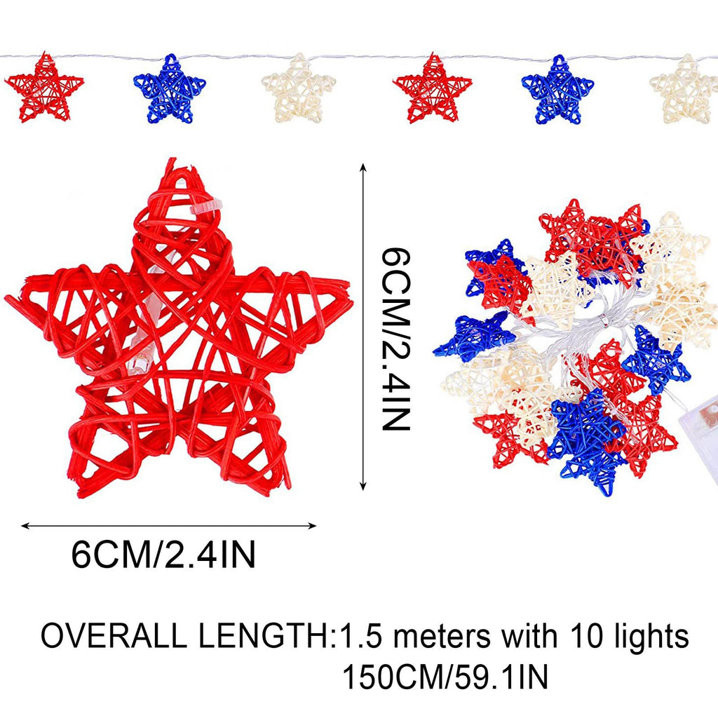 20 LED Star Decorative Lighting String, 10 Ft Red White and Blue Christmas Lights, for Indoor Party, 4th of July, Memorial Day, Decorations Rattan Stars Patriotic Lights Battery Operated A