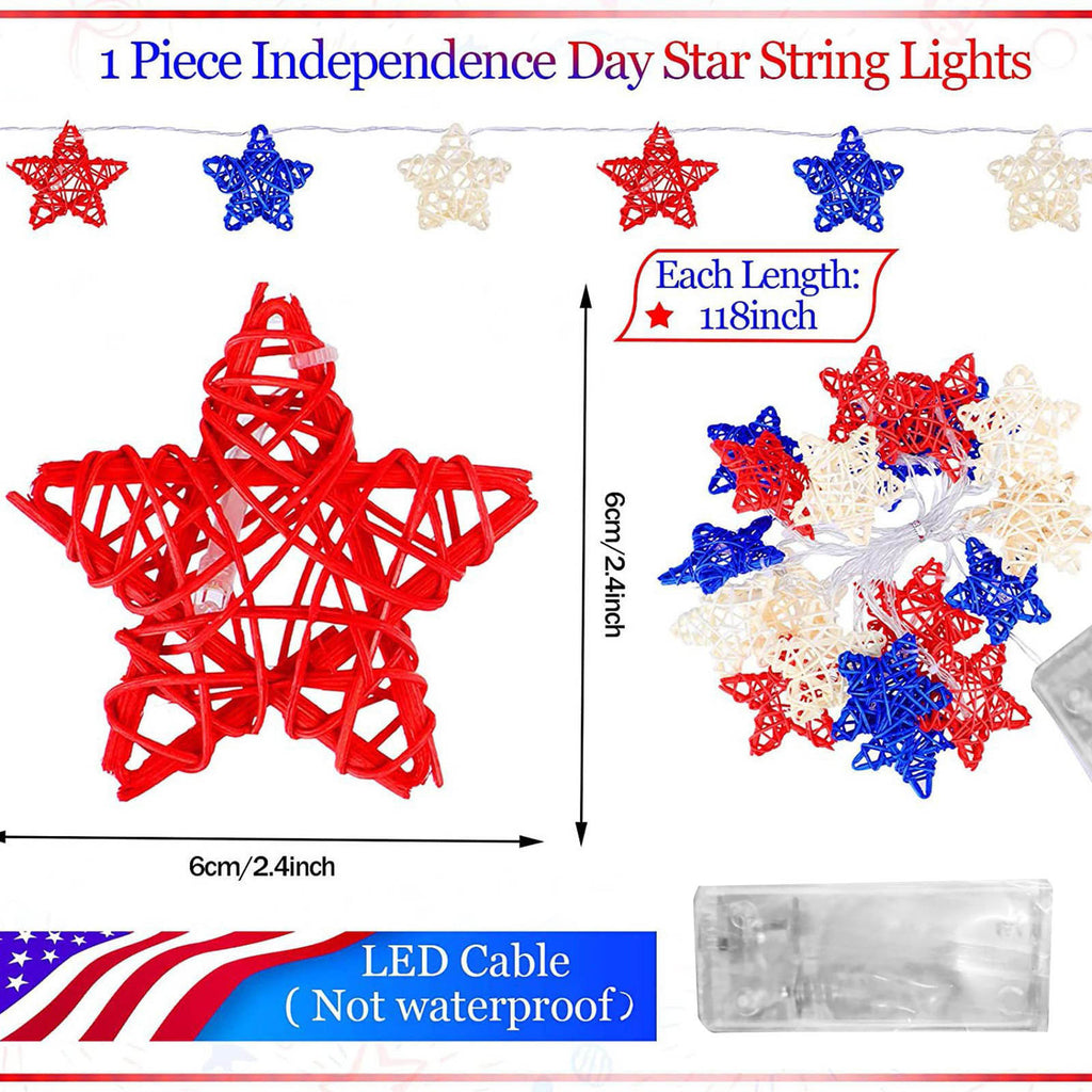 20 LED Star Decorative Lighting String, 10 Ft Red White and Blue Christmas Lights, for Indoor Party, 4th of July, Memorial Day, Decorations Rattan Stars Patriotic Lights Battery Operated A