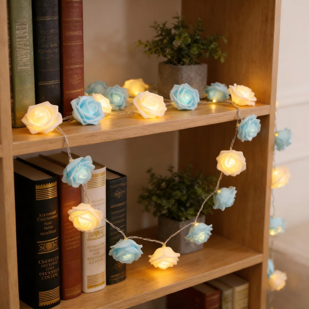 Rose Fairy Lights - Indoor Mood Lighting - Bedroom Decoration - LED Lights - Artificial Flowers - Window Decoration - Home Accessories - Fairy Lights - Wedding Decoration - Party Lighting - Blue and White - 1 Piece