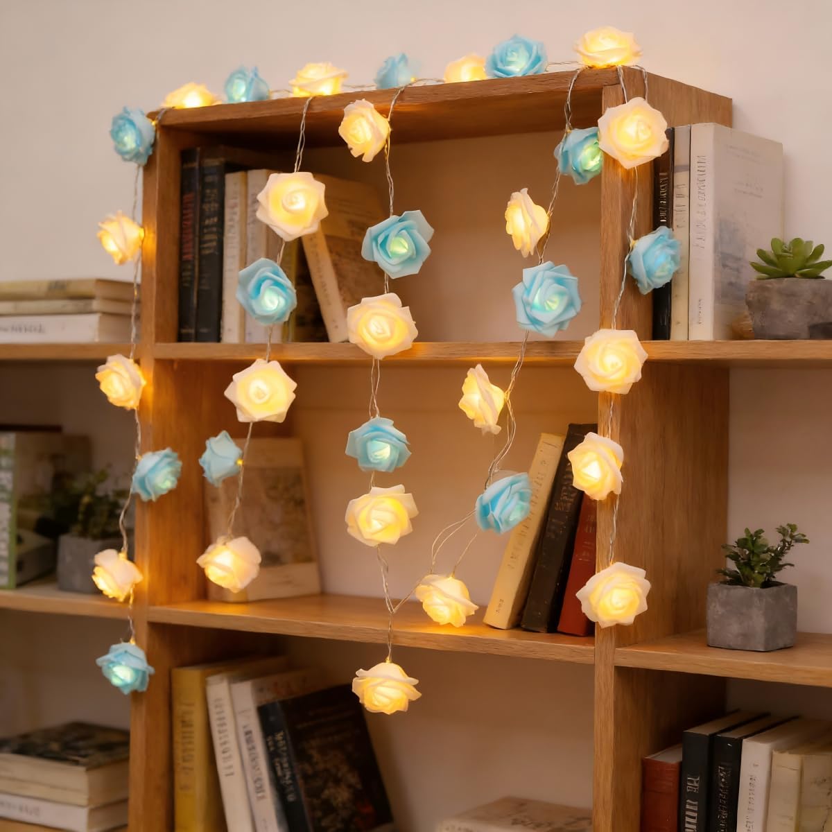 Rose Fairy Lights - Indoor Mood Lighting - Bedroom Decoration - LED Lights - Artificial Flowers - Window Decoration - Home Accessories - Fairy Lights - Wedding Decoration - Party Lighting - Blue and White - 1 Piece