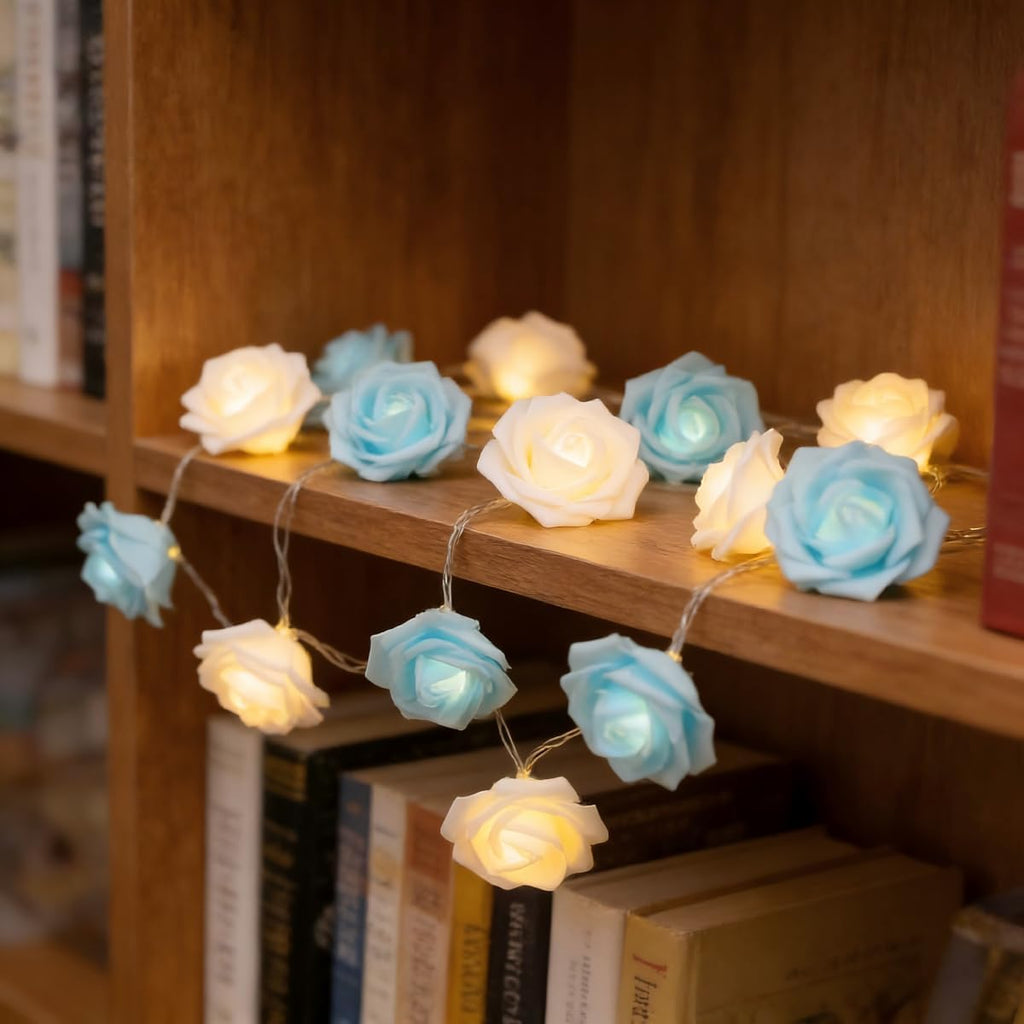 Rose Fairy Lights - Indoor Mood Lighting - Bedroom Decoration - LED Lights - Artificial Flowers - Window Decoration - Home Accessories - Fairy Lights - Wedding Decoration - Party Lighting - Blue and White - 1 Piece