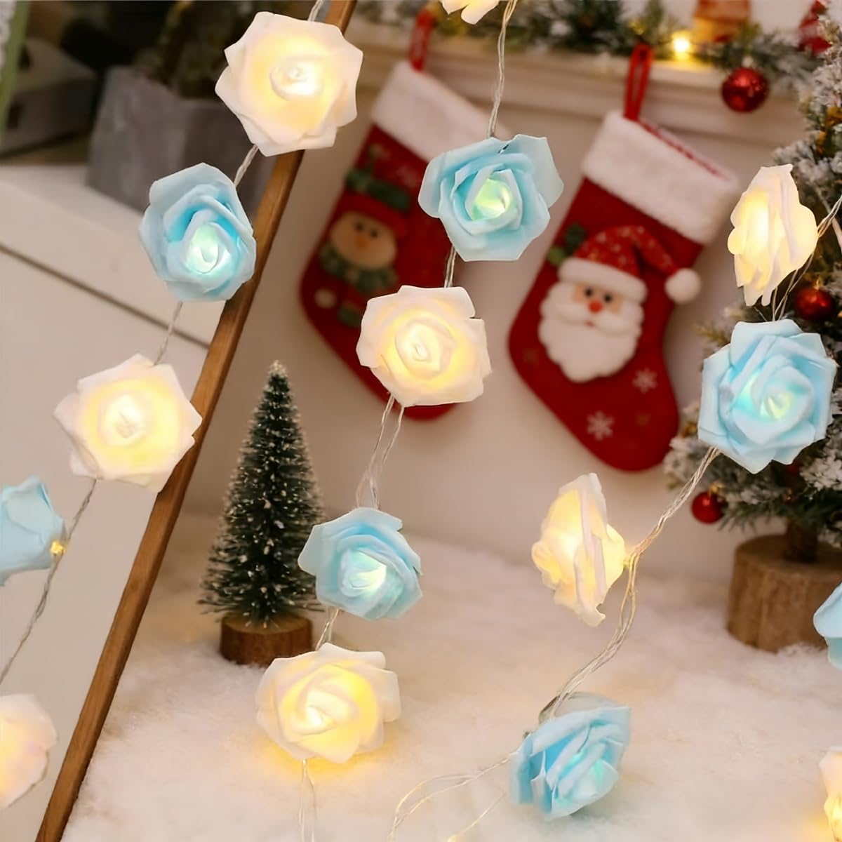 Rose Fairy Lights - Indoor Mood Lighting - Bedroom Decoration - LED Lights - Artificial Flowers - Window Decoration - Home Accessories - Fairy Lights - Wedding Decoration - Party Lighting - Blue and White - 1 Piece