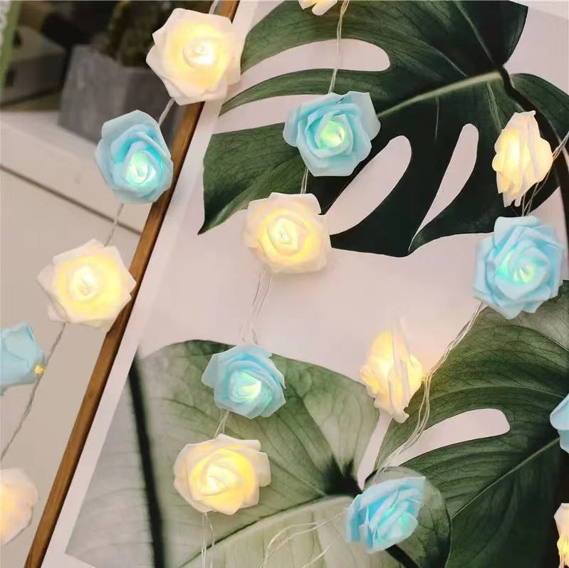 Rose Fairy Lights - Indoor Mood Lighting - Bedroom Decoration - LED Lights - Artificial Flowers - Window Decoration - Home Accessories - Fairy Lights - Wedding Decoration - Party Lighting - Blue and White - 1 Piece