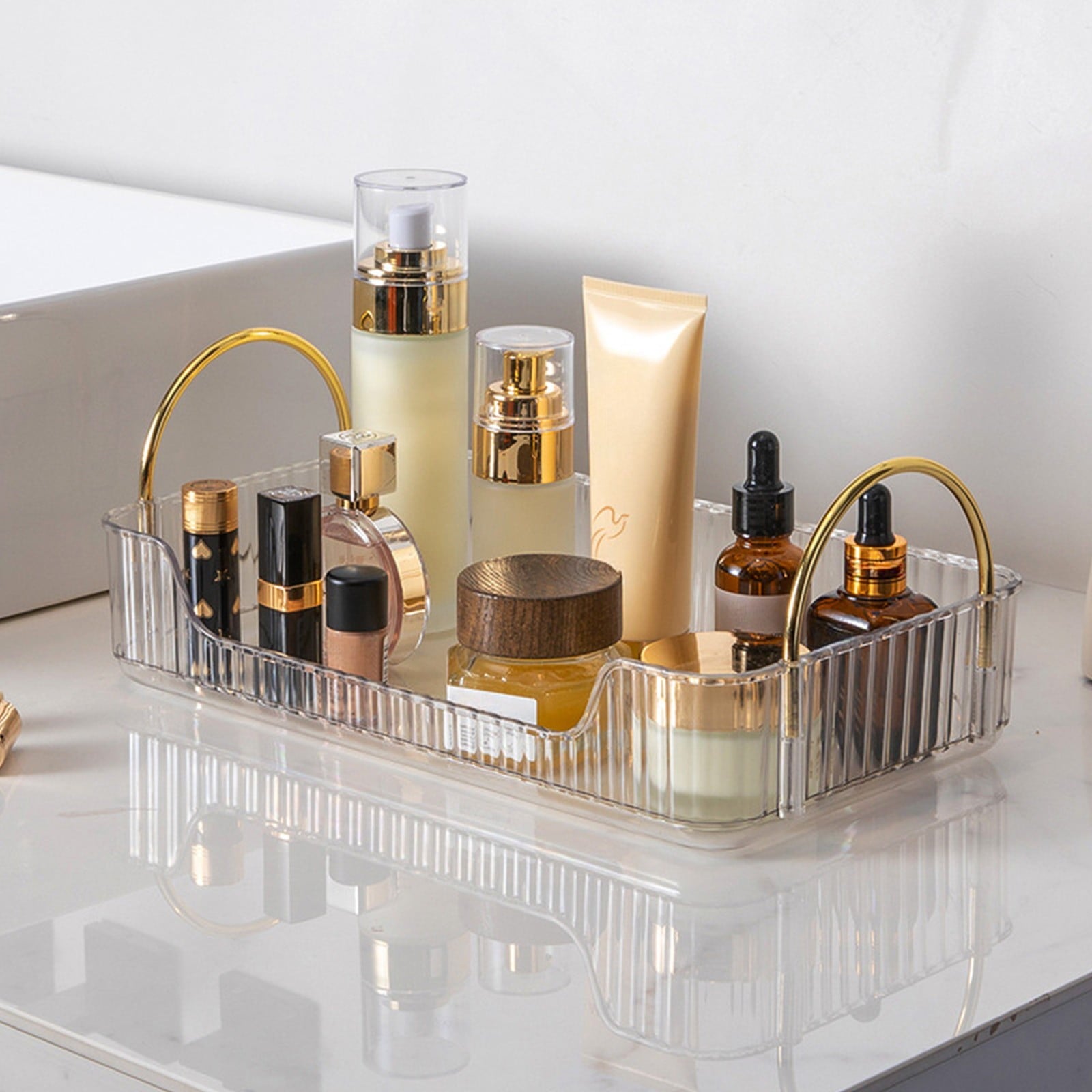 Bathroom Organizer Countertop, Vanity Tray for Skincare Makeup, Counter Organizer, Transparent Ribbon Handle Storage Rack, for Cosmetics, Toiletries, Lotions, Perfumes Green