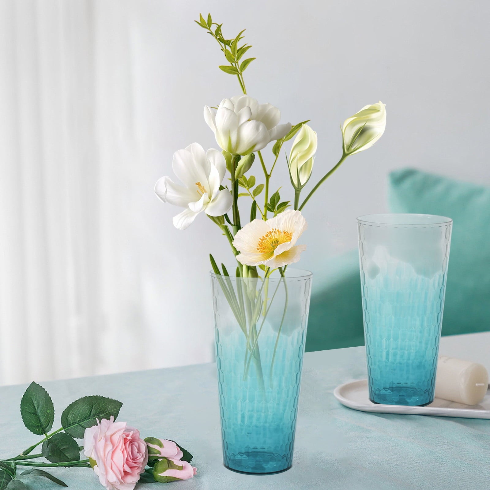 Kdkad Two-Tone High-Transparency Glass Vase - Multi-Color Flower Bucket for Living Room Decor, Floral Arrangements & Plant Cultivation (Serviceable Home Decoration, Modern Tabletop/Office Centerpiece) 5.3×10.2 in Blue