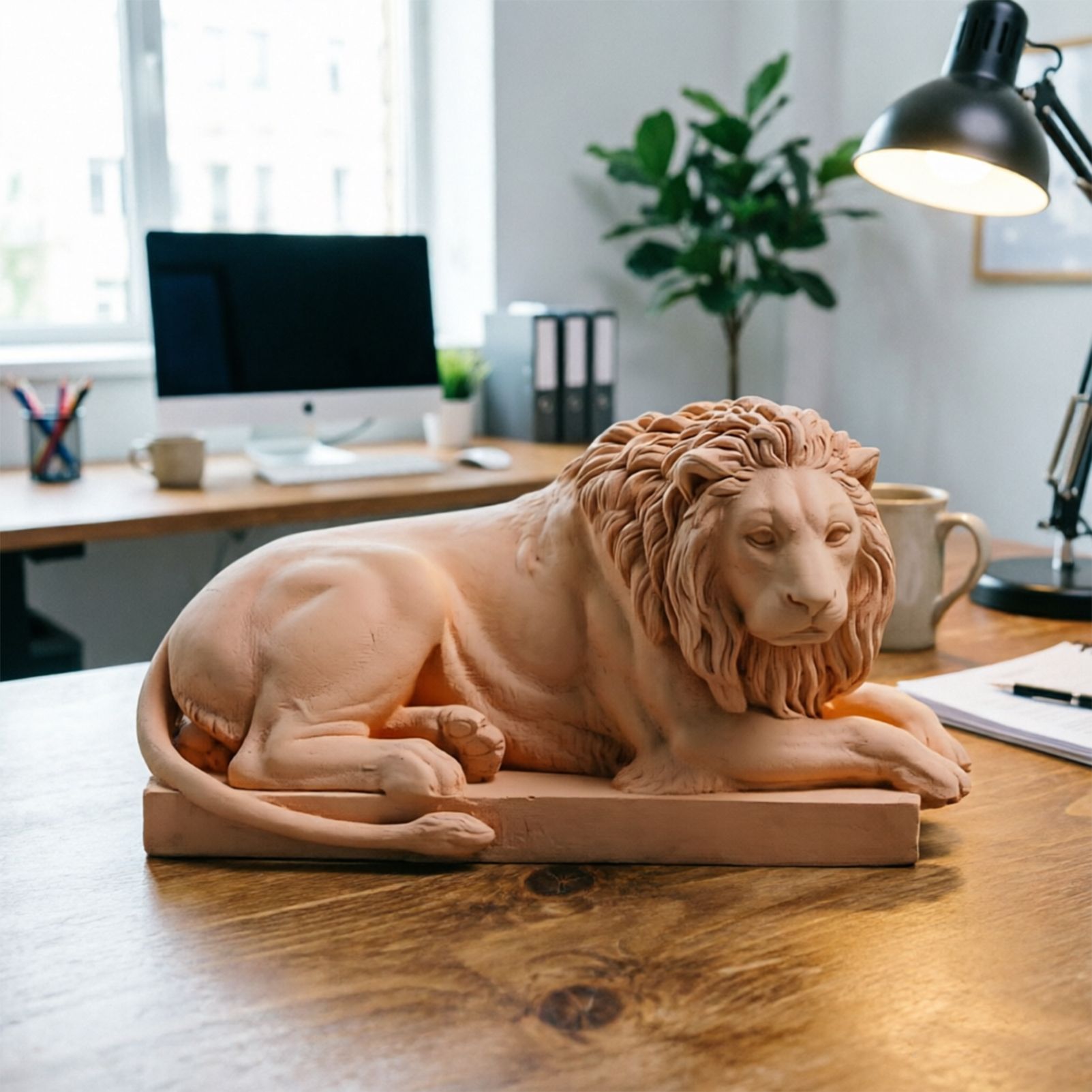Classic Reclining Lion Sculpture Minimalist Yellow Plaster Desk Ornament for Living Room, Study, or Office Decoration