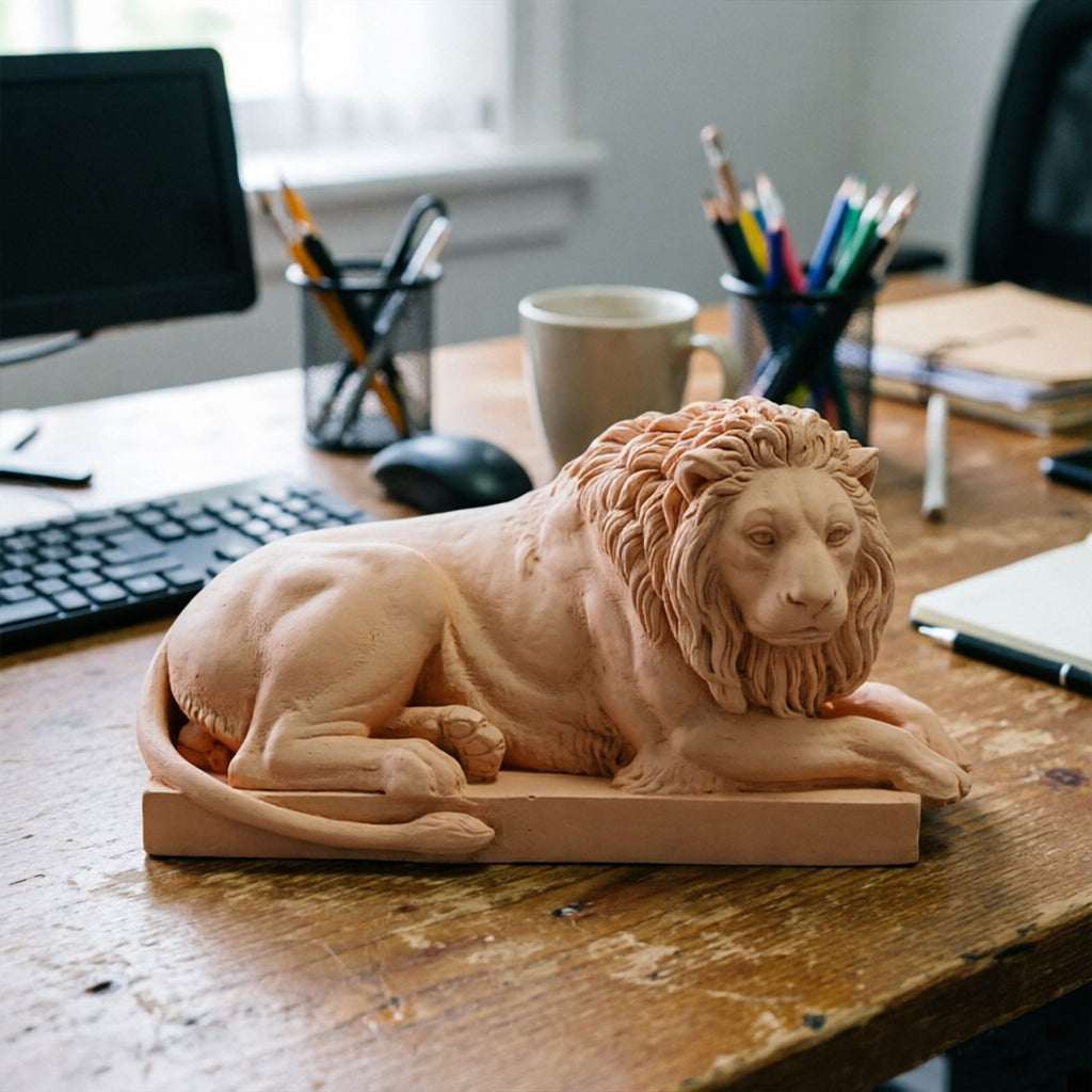 Classic Reclining Lion Sculpture Minimalist Yellow Plaster Desk Ornament for Living Room, Study, or Office Decoration