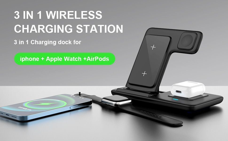 Black 20W Foldable 3-in-1 Wireless Charger