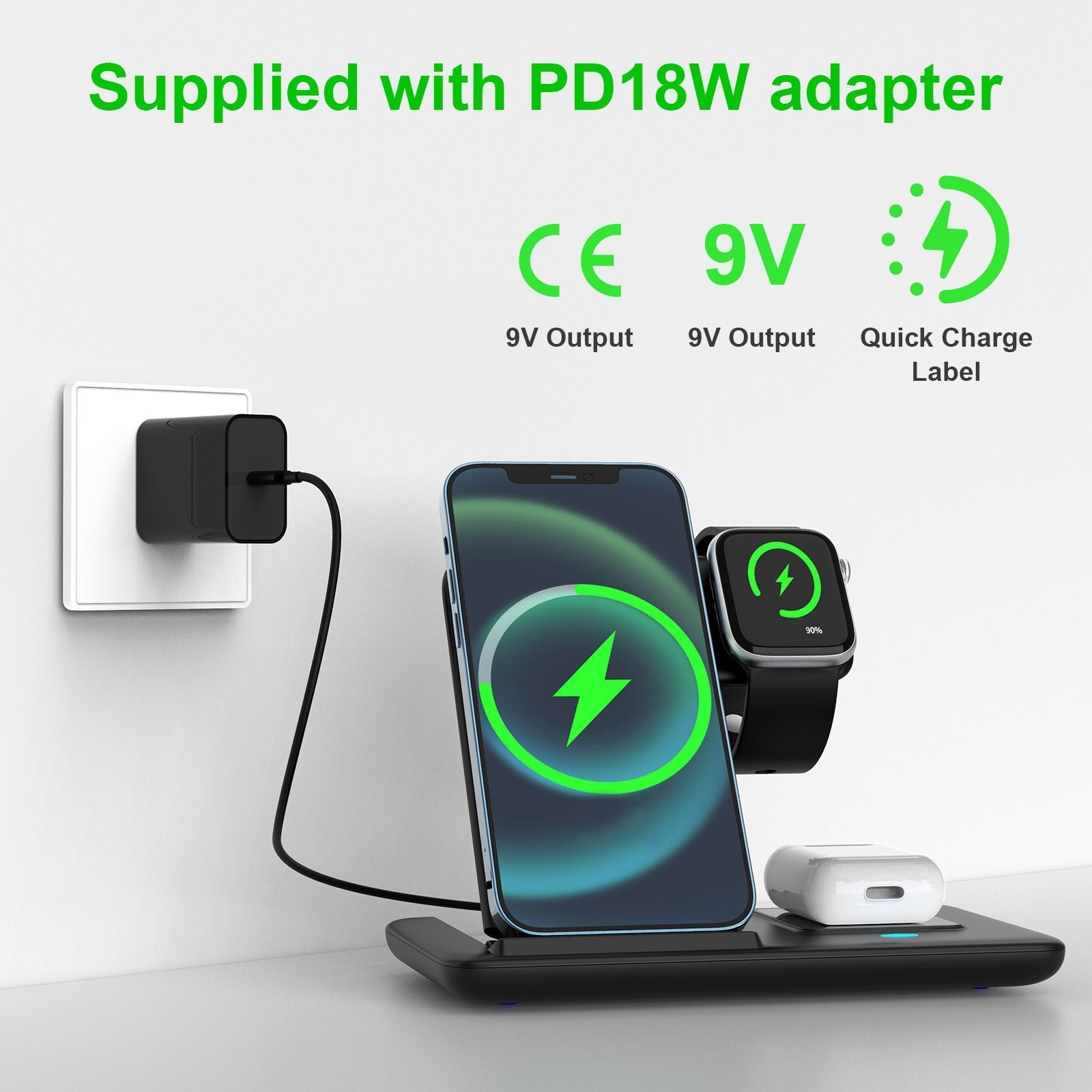 Black 20W Foldable 3-in-1 Wireless Charger