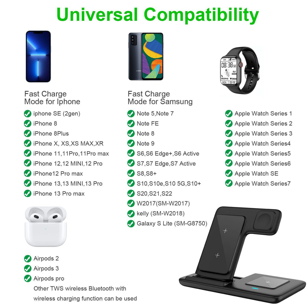 Black 20W Foldable 3-in-1 Wireless Charger