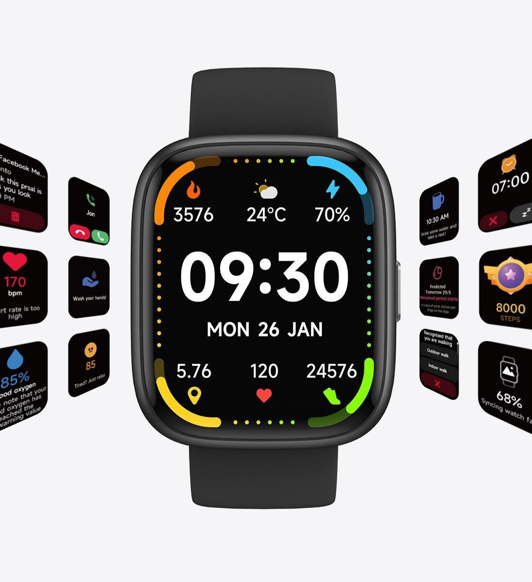 Black Unisex Health Monitoring Smart Watch with Call Function