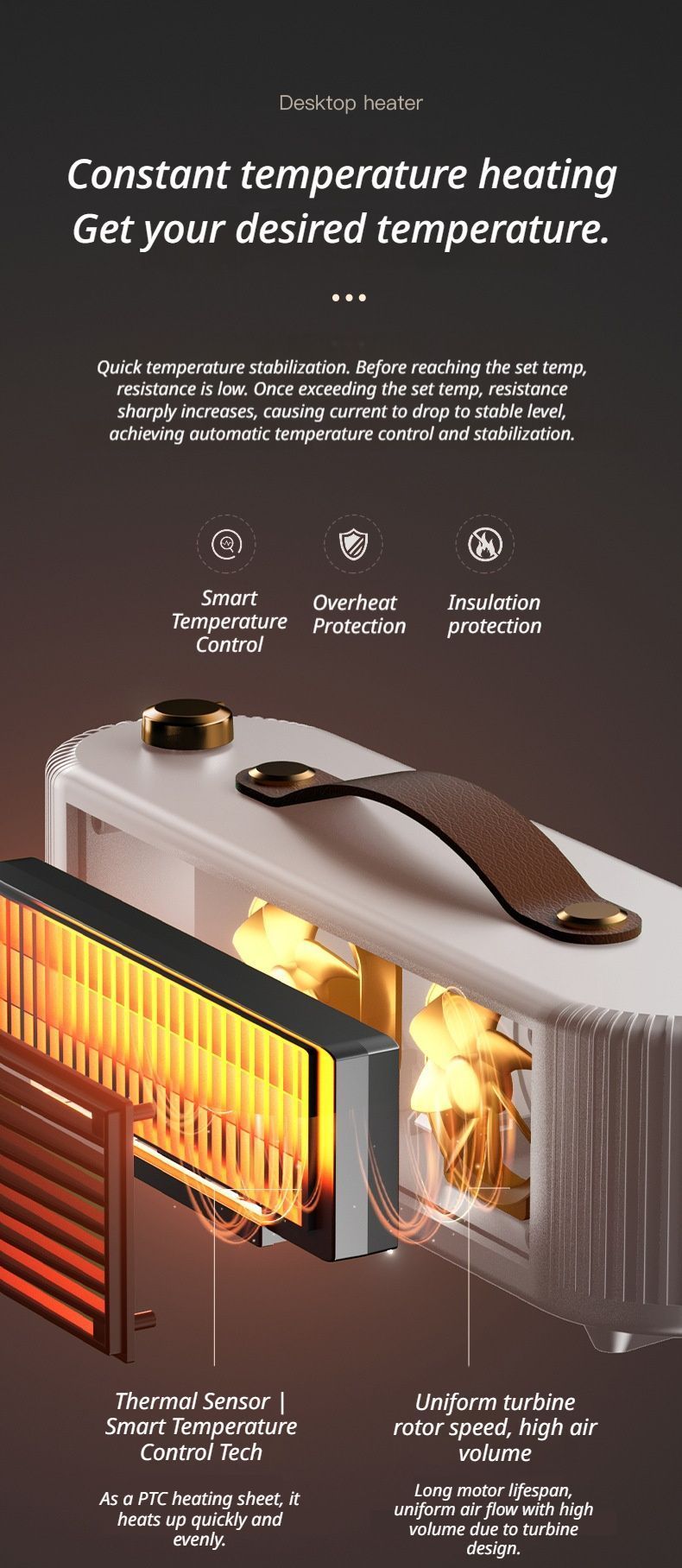 White Desktop Space Heater for Home, Fast Heating Room Warmer for Bedroom, Whole-Room Heater Suitable for Home, Office, or Workplace