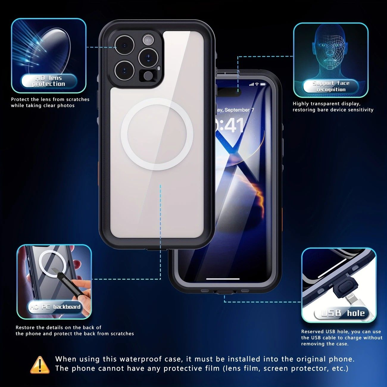 iPhone 16 Pro  Waterproof Phone Case IP68 Drop Protection Snow Dust Resistant with Lanyard for Swimming Skiing Off Road Adventures(black)