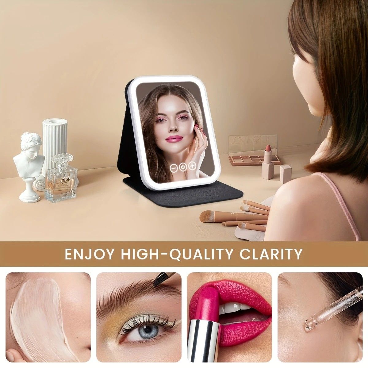 LED Makeup Mirror with Lights, 3 Color Modes Touch Control, Rechargeable Travel Vanity Mirror(pink)