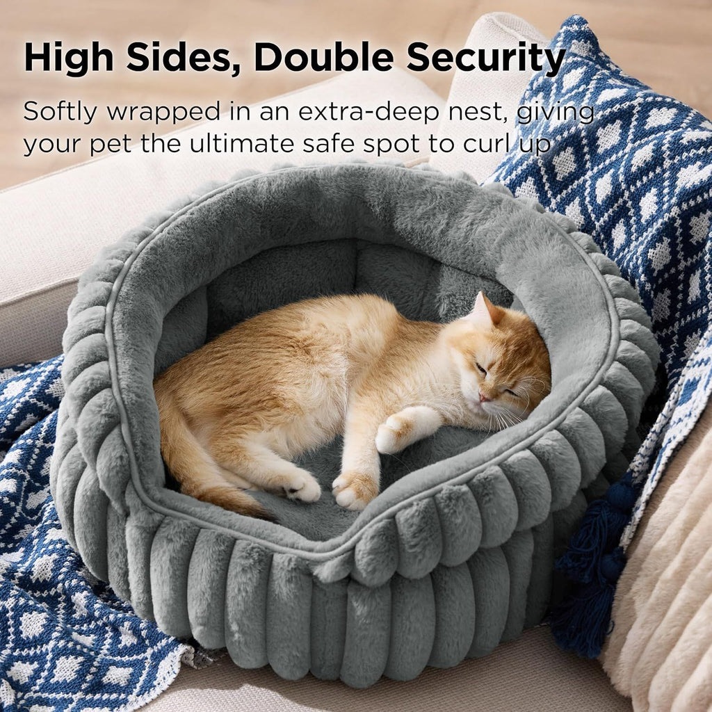 Cat Bed, Washable Round Cute Pet Beds for Indoor Cats, Super Soft Corduroy Kitten Bed with Anti-Slip Bottom, 20''x20''x8'', Warm Gray