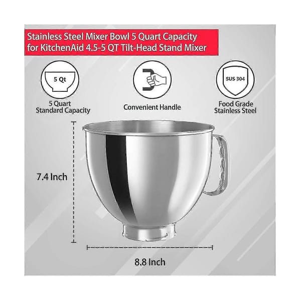 Stainless Steel Mixing Bowl 5 Quart for KitchenAid Classic & Artisan 4.5-5QT Tilt-Head Stand Mixers, 304 Stainless Steel Replacement Bowl with Handle