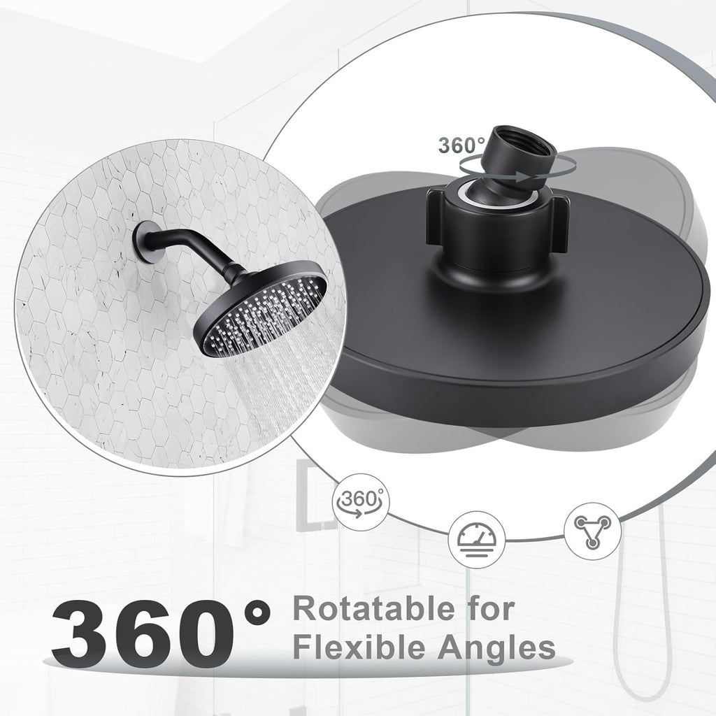 Shower Head High Pressure Rain, Luxury Bathroom Showerhead with Adjustable Angles, Anti-Clogging Silicone Nozzles - 6 Inch Round, Matte Black