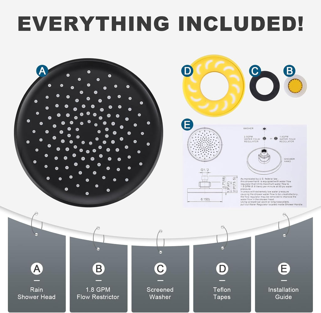 Shower Head High Pressure Rain, Luxury Bathroom Showerhead with Adjustable Angles, Anti-Clogging Silicone Nozzles - 6 Inch Round, Matte Black