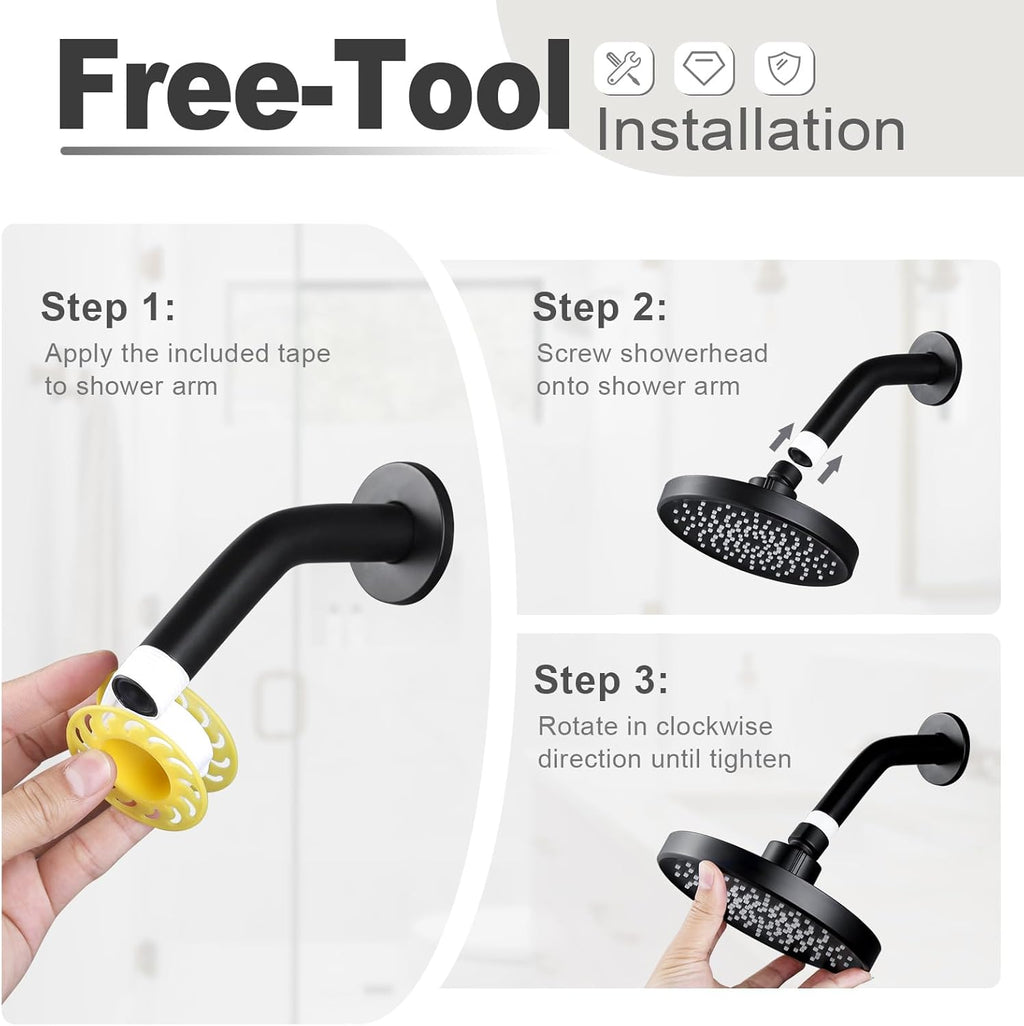Shower Head High Pressure Rain, Luxury Bathroom Showerhead with Adjustable Angles, Anti-Clogging Silicone Nozzles - 6 Inch Round, Matte Black