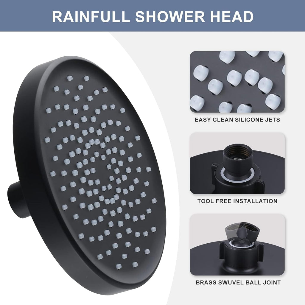 Shower Head High Pressure Rain, Luxury Bathroom Showerhead with Adjustable Angles, Anti-Clogging Silicone Nozzles - 6 Inch Round, Matte Black