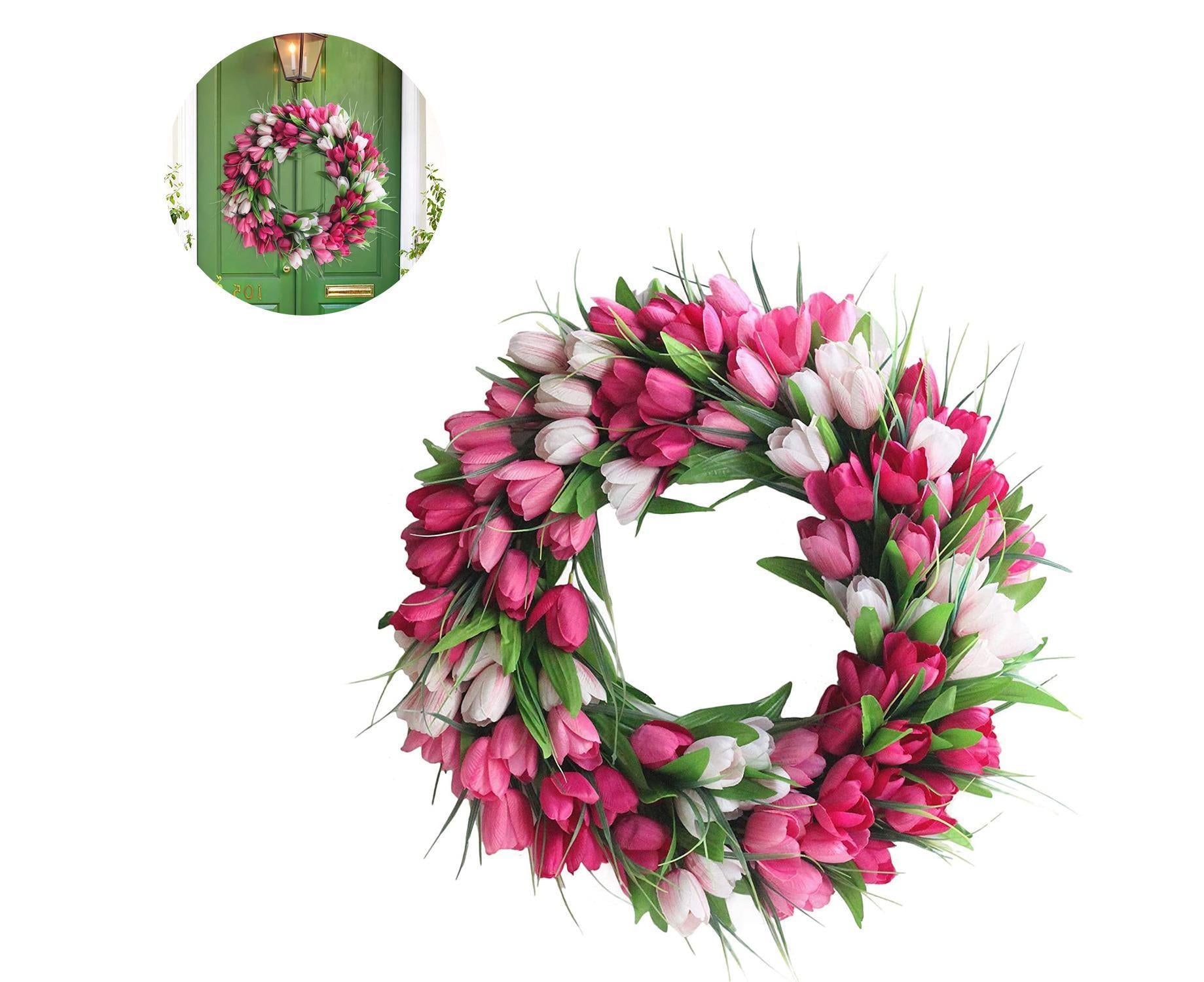 Artificial Tulip Flower Wreaths for Front Door Farmhouse Pink Wreath Spring Flower Branch Door Wreath for Outdoor Indoor Wall