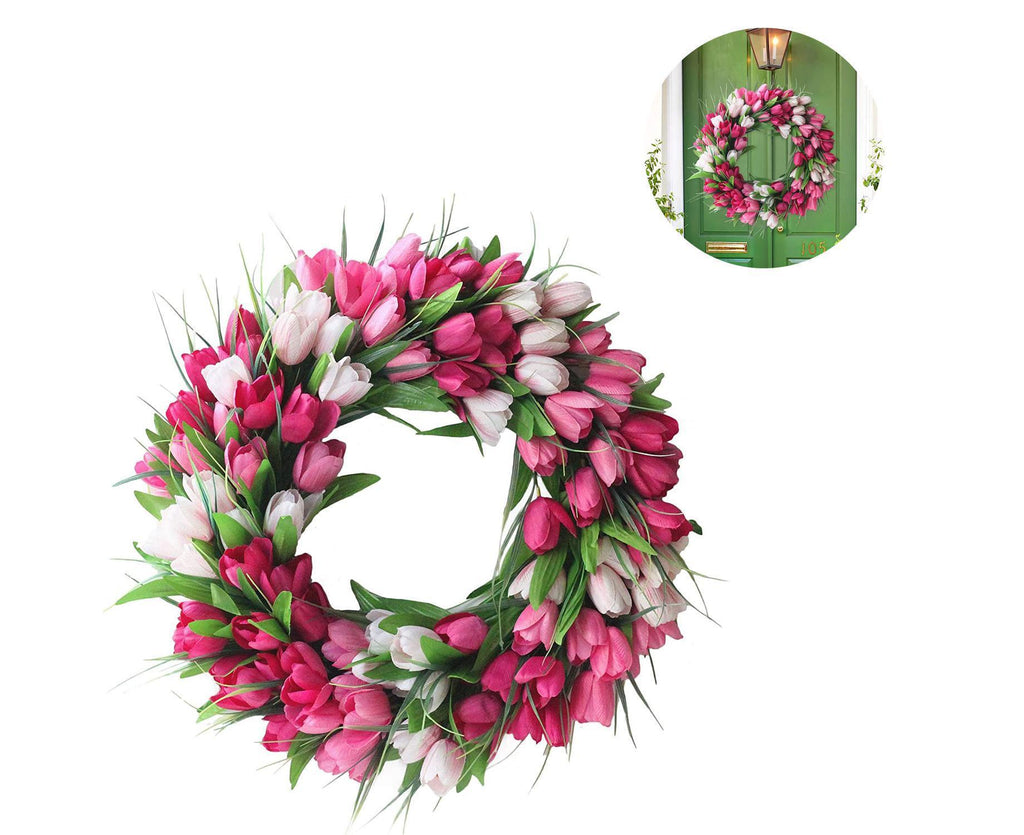 Artificial Tulip Flower Wreaths for Front Door Farmhouse Pink Wreath Spring Flower Branch Door Wreath for Outdoor Indoor Wall