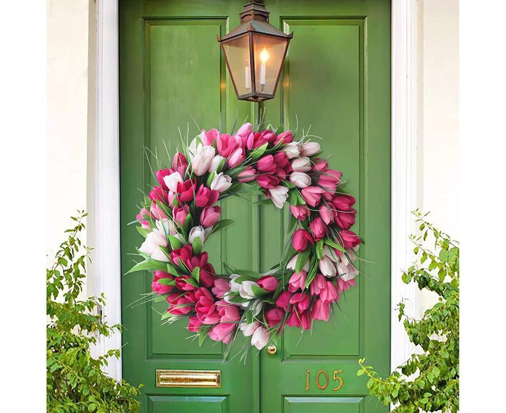 Artificial Tulip Flower Wreaths for Front Door Farmhouse Pink Wreath Spring Flower Branch Door Wreath for Outdoor Indoor Wall
