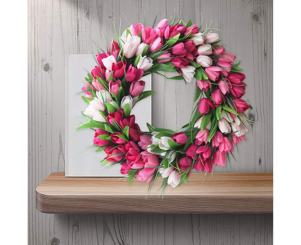 Artificial Tulip Flower Wreaths for Front Door Farmhouse Pink Wreath Spring Flower Branch Door Wreath for Outdoor Indoor Wall