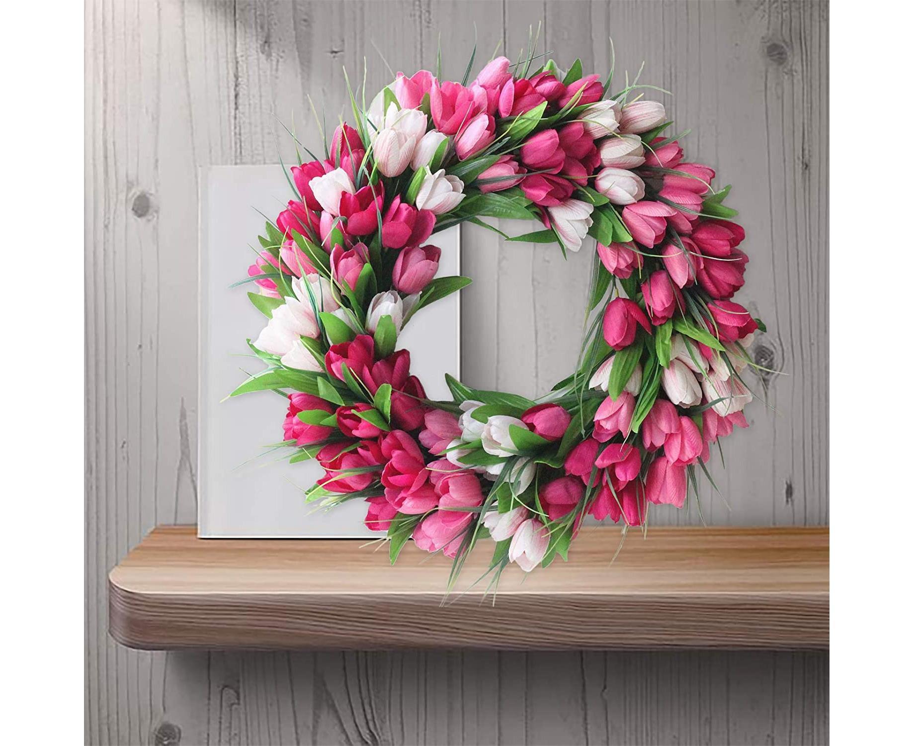 Artificial Tulip Flower Wreaths for Front Door Farmhouse Pink Wreath Spring Flower Branch Door Wreath for Outdoor Indoor Wall