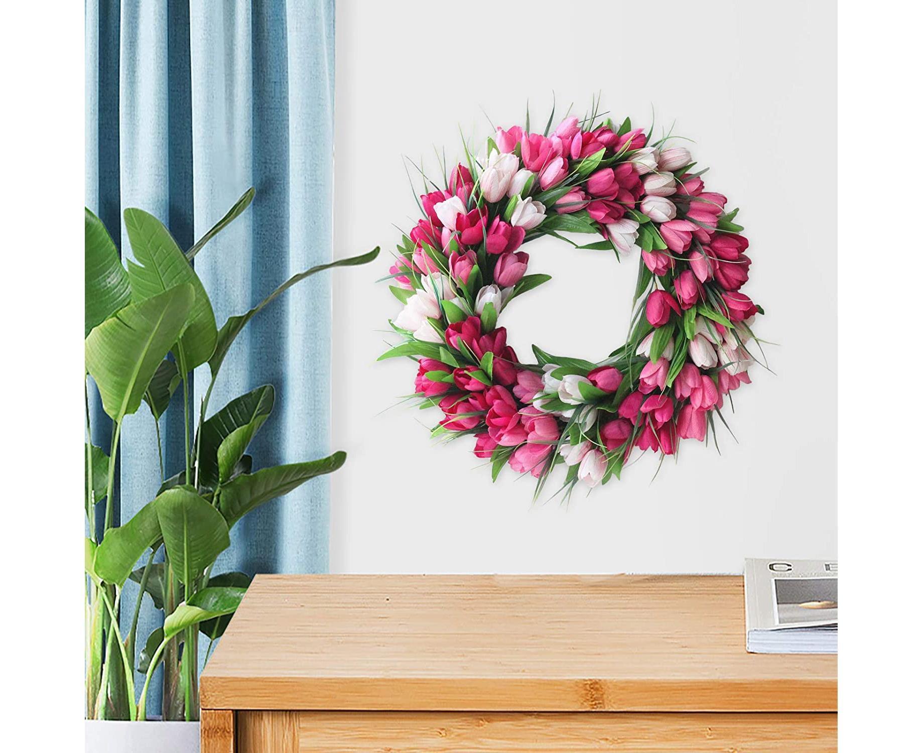 Artificial Tulip Flower Wreaths for Front Door Farmhouse Pink Wreath Spring Flower Branch Door Wreath for Outdoor Indoor Wall