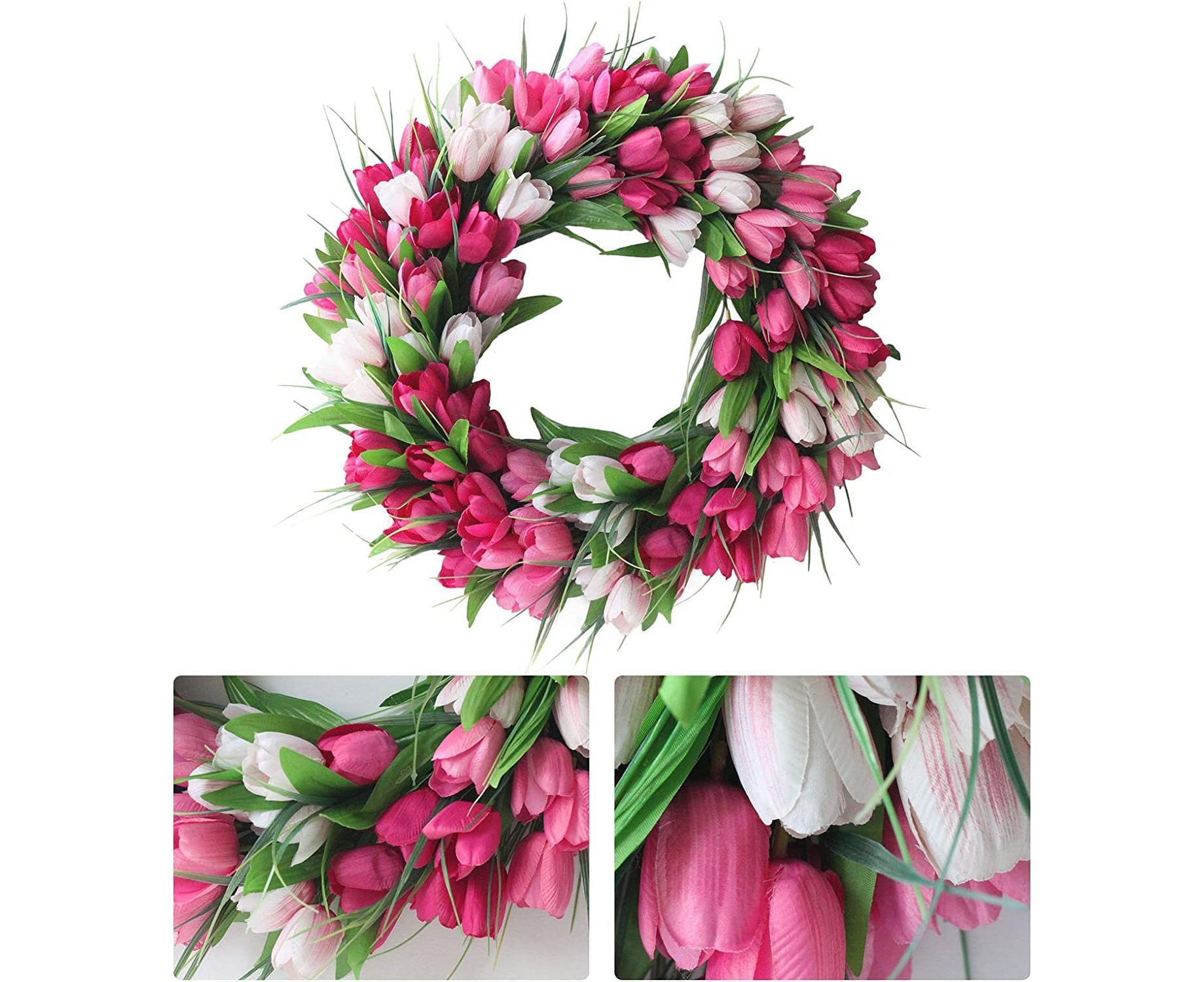 Artificial Tulip Flower Wreaths for Front Door Farmhouse Pink Wreath Spring Flower Branch Door Wreath for Outdoor Indoor Wall
