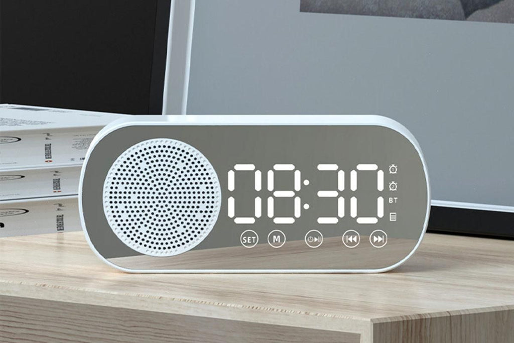 FM Speaker LED Display Portable Alarm Clock Home Decor Bluetooth Digital Radio - White