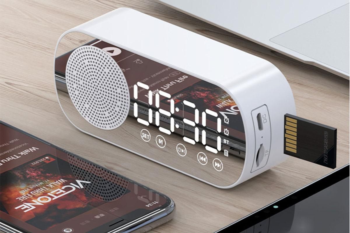FM Speaker LED Display Portable Alarm Clock Home Decor Bluetooth Digital Radio - White