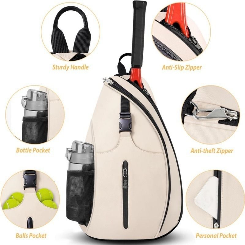 Multifunction Sling Tennis Bag, Waterproof Oxford Crossbody Sports Backpack, with Water Bottle Pocket & Hidden Ball Compartment—White