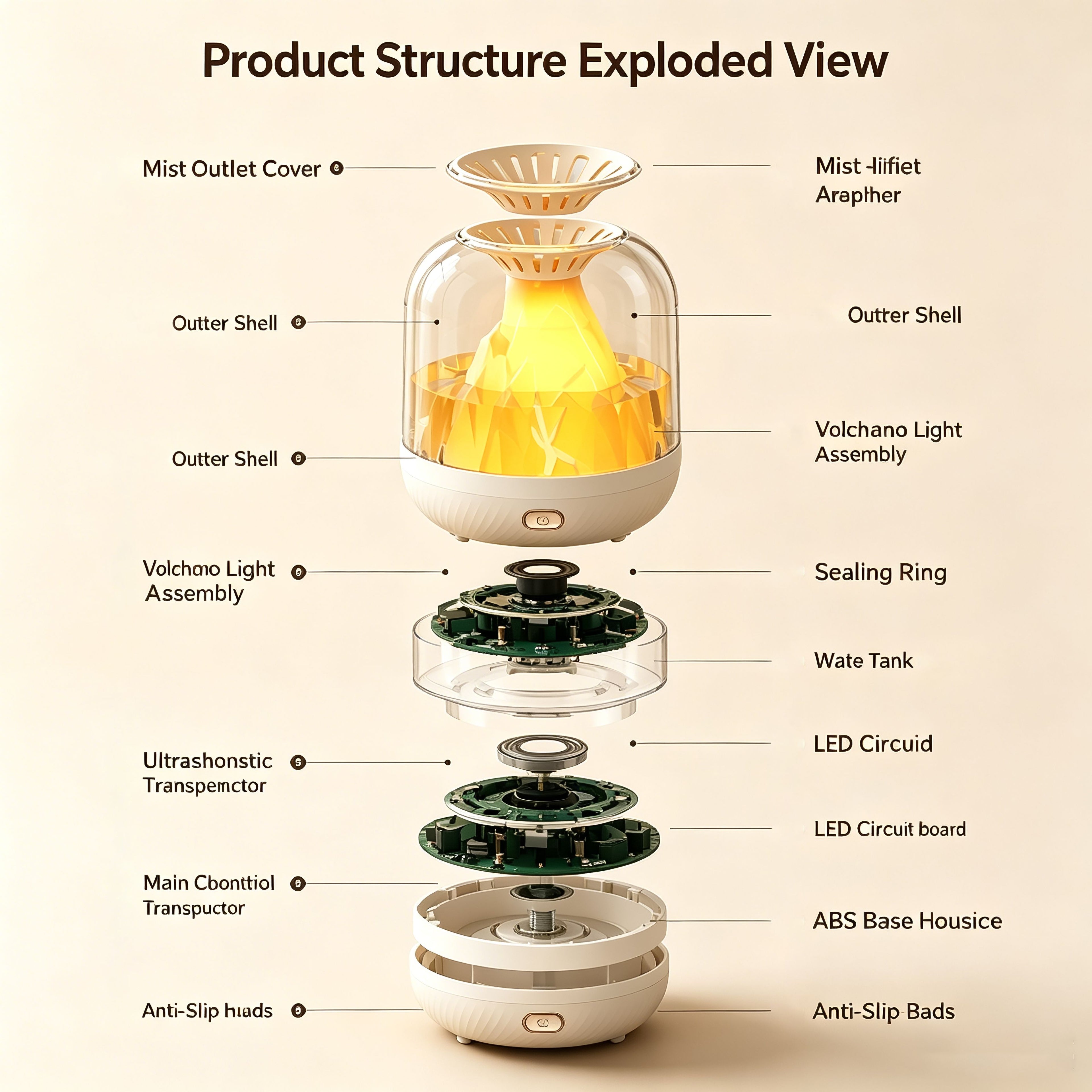【900ML 3-in-1 Humidifier】 & Essential Oil Diffuser with Night Light, USB Powered Quiet Cool Mist Humidifier for Bedroom Office Home, Volcano Flame Effect Aromatherapy Humidifier, 36dB Low Noise, Large Capacity