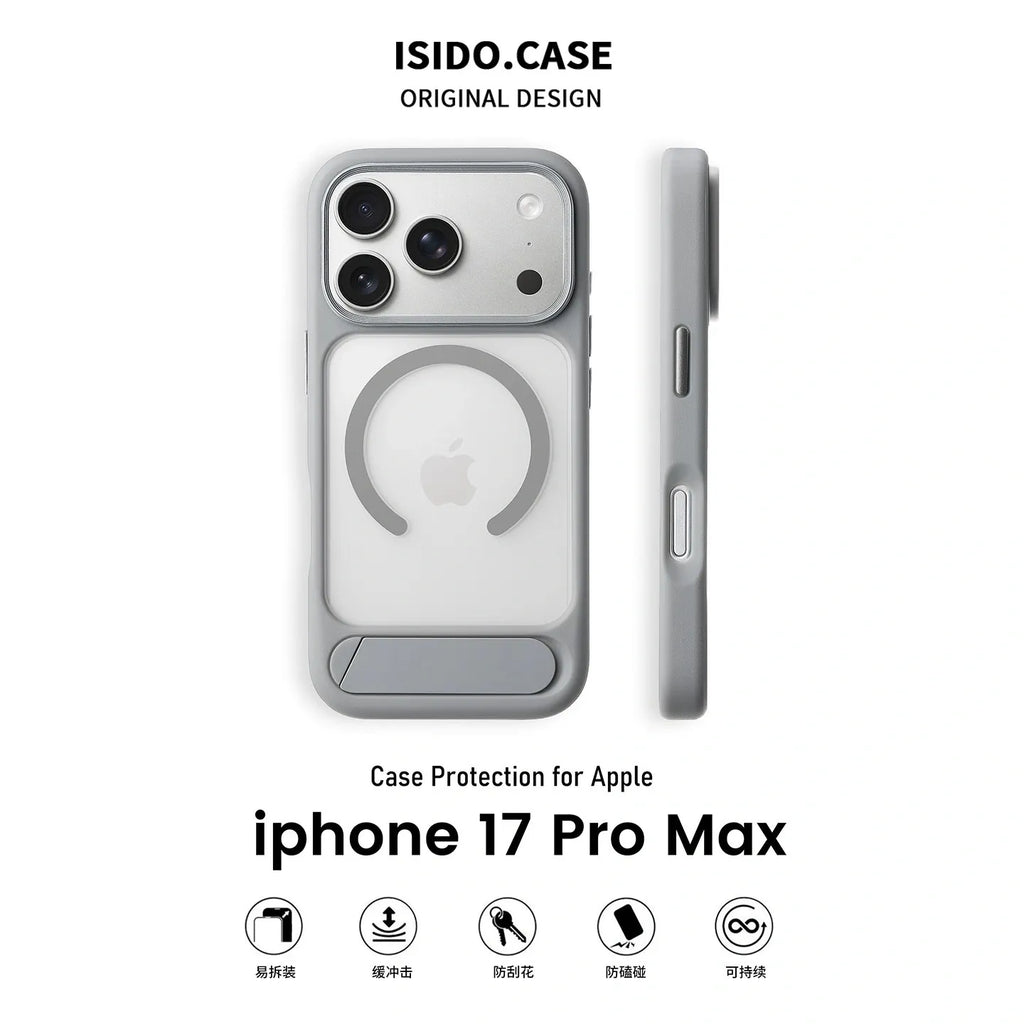 MagSafe Case for iPhone 17 Pro Max - Grey Matte Shockproof Cover with Hidden Kickstand
