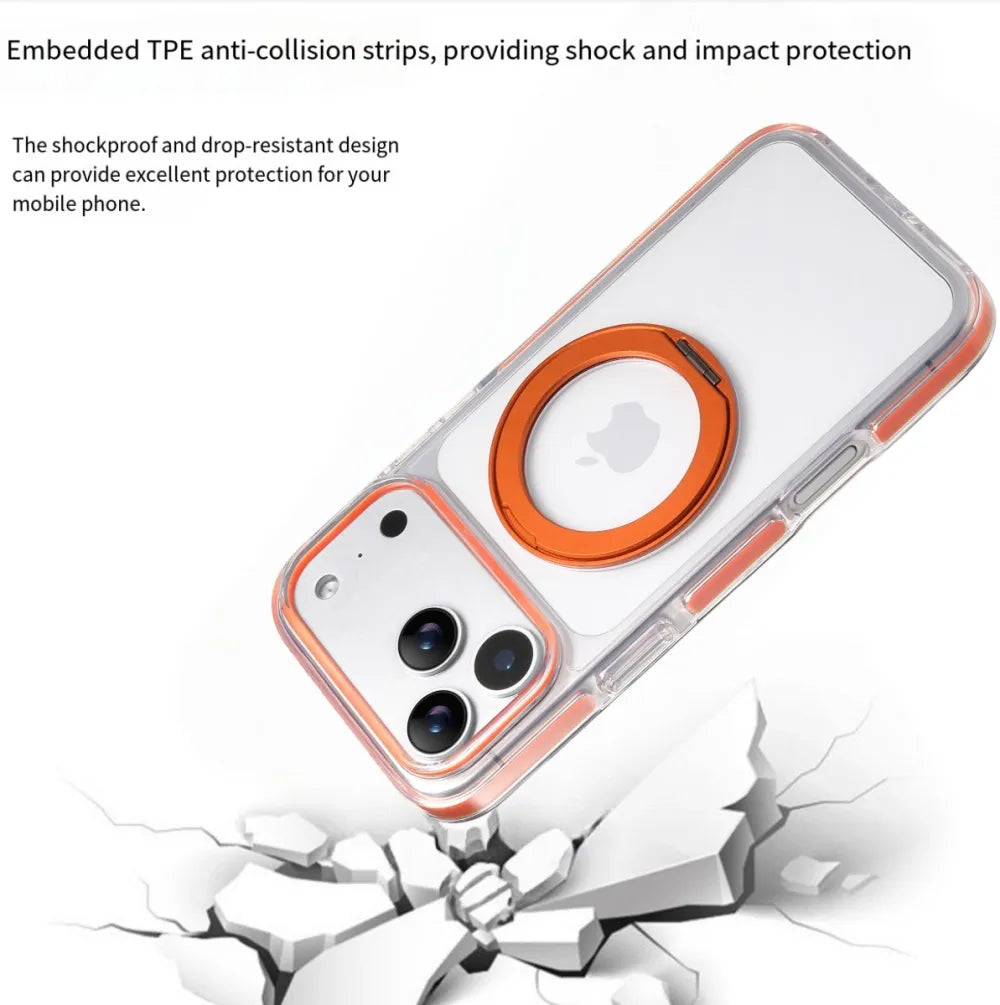 Clear MagSafe iPhone 17 Pro Max Case with 360° Rotating Ring Stand - Orange Edition