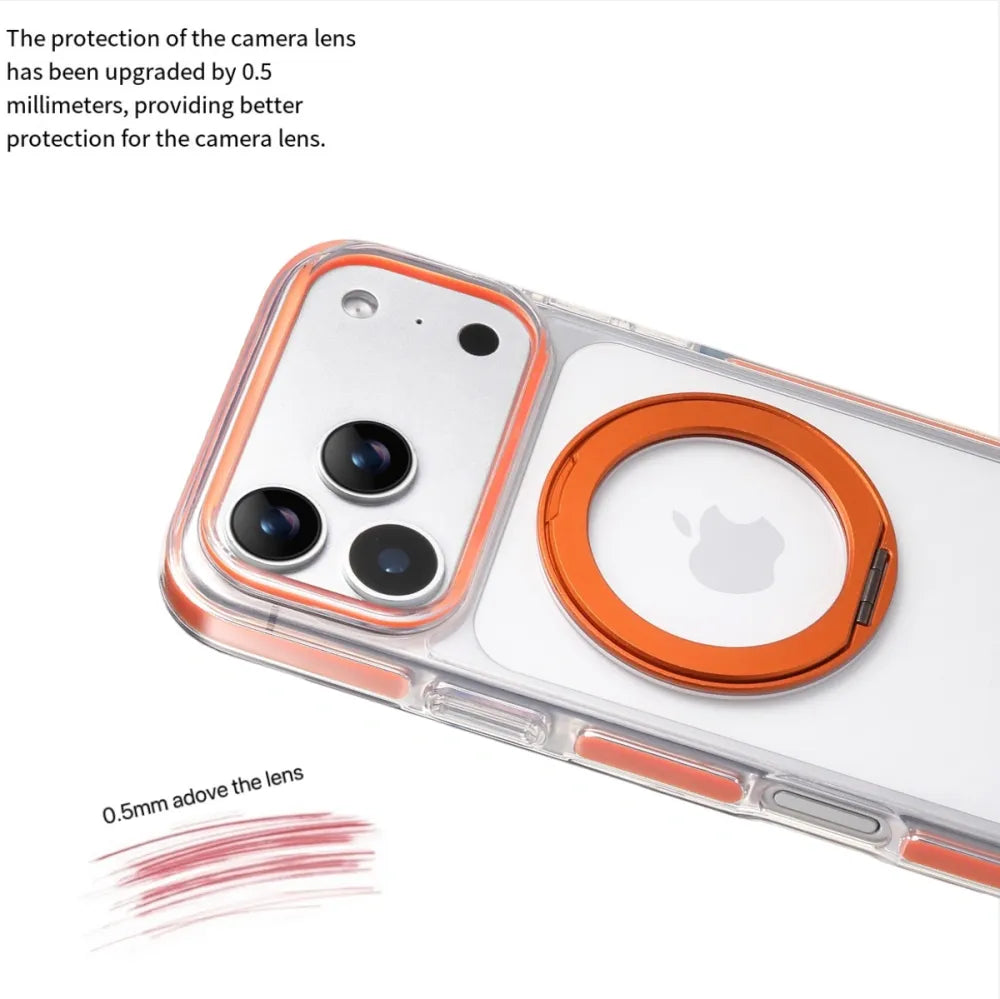 Clear MagSafe iPhone 17 Pro Max Case with 360° Rotating Ring Stand - Orange Edition