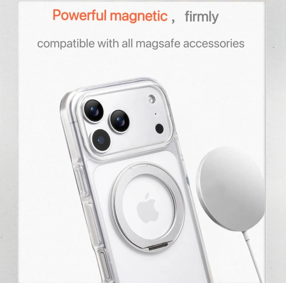 Clear MagSafe iPhone 17 Pro Max Case with 360° Rotating Ring Stand - Silver Edition